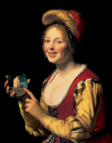 Gerard van Honthorst Smiling Girl, a Courtesan, Holding an Obscene Image oil painting image